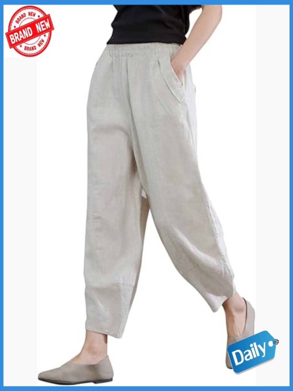 100% Linen Relax Fit Lantern Cropped Tapered Pants with Elastic Waist
